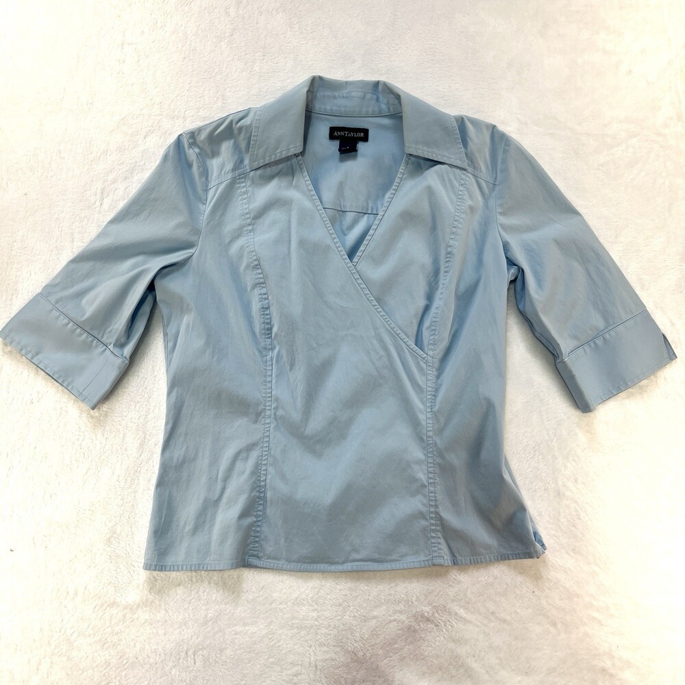 Ann Taylor Light Blue Wrap Front V Neck Blouse 6 Side Zip